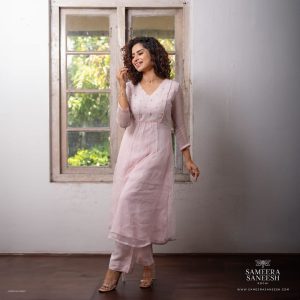 Soft Net kota Aline Kurta Set With Embroidered Yoke and Pleats